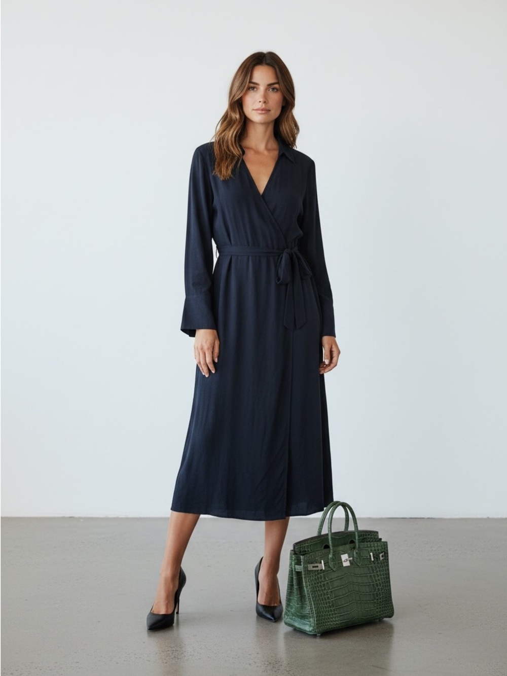 Reiss Navy Wrap Midi Dress Long Sleeve Belt Size 8